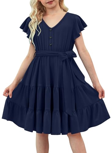 storeofbaby Girls Short Sleeve Dress V Neck Button Ruffle Hem Dresses with Belt2