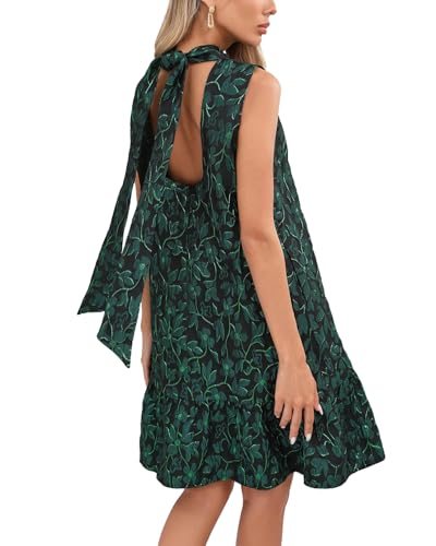 Women's Jacquard Tie Back Mini Swing Dress Mock Neck Sleeveless Ruffle Hem A-line Party Cocktail Dresses