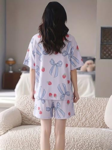 Image of Korean Night Dress |Shorts Set |Round Neck Half Sleeve Nightsuit |Premium Cotton Blend Stylish Digital Printed Pajama Co-ords |Matching 2 Piece Sleepwear Nightwear Cute Pjs |Casual Lounge Sets