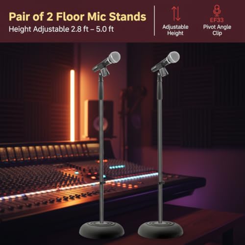 Image of Pyle Universal Microphone Stand - Handheld Mic Compatible, Heavy Compact Base, Lightweight & Compact Design, 2.8 to 5 Ft Height Adjustable Clamp, Pivot Angle Clip, Home /Studio Use (Pair)