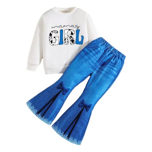 Image of Toddler Girl Clothes Long Sleeve Cartoon & Letter Graphic Top + Fruit Stationery Print Flared Leg Pants