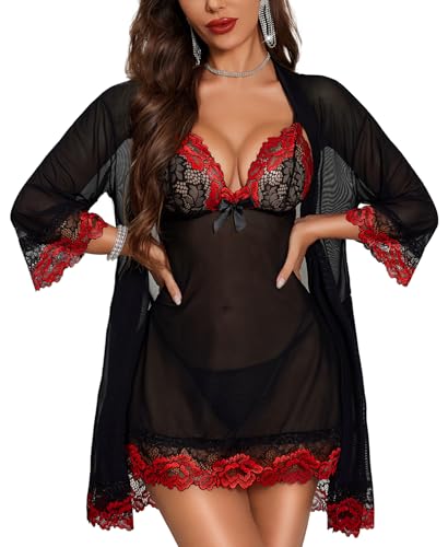RSLOVE Women Sexy Lingerie Set 3 Piece Babydoll & Lace Kimono Robe Strap Chemise Mesh Sleepwear Sky Black-Red XXL