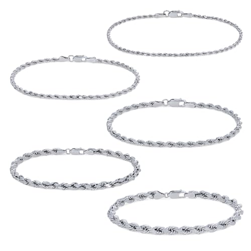 Nuragold 10K Real White Gold Rope Diamond Cut Chain Bracelet 7