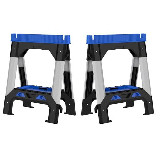 EHHLY Folding Heavy Duty Sawhorses 2 Pack, 2500 LBS Load Capacity Total, PP Plastic Body with 4 Adjustable Telescopic Powder-Coated Steel Legs, Built-In Shelf and Cord Hooks, Foldable for Easy Storage