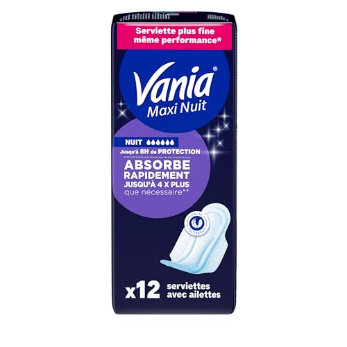 Vania | Serviettes Hygiéniques Nuit (12 pièces avec ailettes) – Serviettes plus fines à absorption rapide haute tolérance – Protection périodique avec forme anatomique extra longue