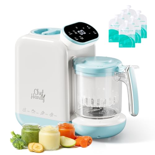 Image of Chefhandy Baby Food Maker, 5-in-1 Baby Food Steamer & Blender with Auto and Manual Blending, Puree Maker, Bottle Warmer & Sterili-zer, BPA-Free, with 6 Food Pouches (White Blue)