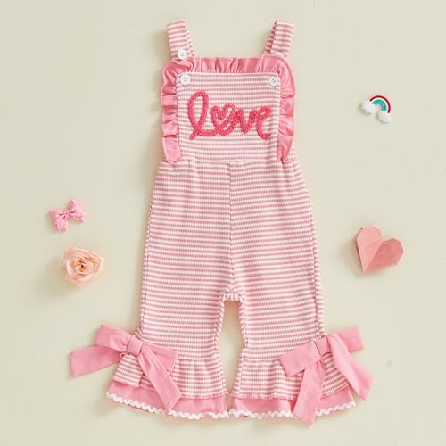 Honganda Toddler Baby Girl Valentine\'s Day Outfit Overalls Love Romper Striped Bell Bottom Suspender Jumpsuit with Bowknot (Pink, 18-24 Months)