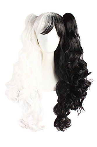 TSNOMORE Anime Black and White Pigtail Wig for Women Synthetic Long Curly Cosplay Wig Halloween Costume Party Cosplay Wig (Color-2)