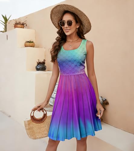 Image of uideazone Women Funny Print Sleeveless U Neck A Line Casual Midi Dress | Soft Stretchy Breathable Fabric Flared Swing Sundress Fitted Waist for Daily Wear 80 /90s Themed Party Beach Vacation Trips