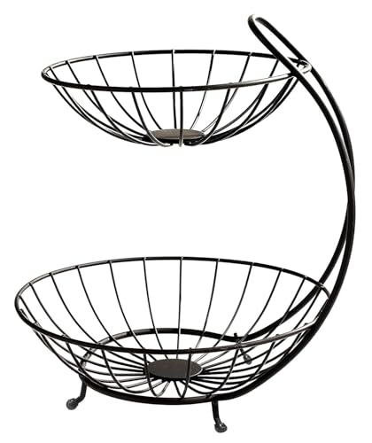 Image of 2-Tier Metal Fruit Basket Stand for Kitchen Counter | Double Layer Fruit Bowl Organizer for Vegetables, Fruits & Snacks | Rust-Resistant Iron Wire Basket for Home & Dining Table (23x32x28 cm)