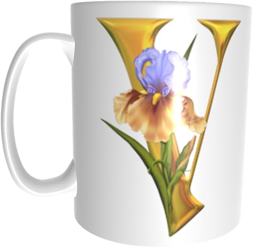 Pandok White Ceramic Mug - Alphabet Mug Flower Design - V