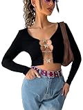 Floerns Women's Butterfly Chain Linked Long Sleeve Rib Knit Crop Top T Shirt Black L