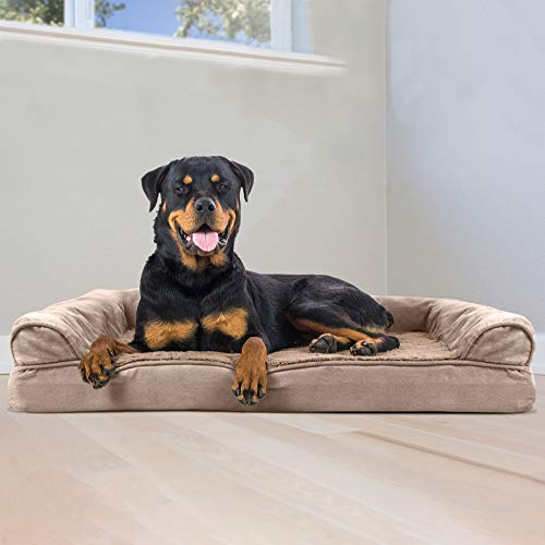 Image of Furhaven Orthopedic Dog Bed for Large Dogs w / Removable Bolsters & Washable Cover, For Dogs Up to 95 lbs - Plush & Suede Sofa - Almondine, Jumbo /XL