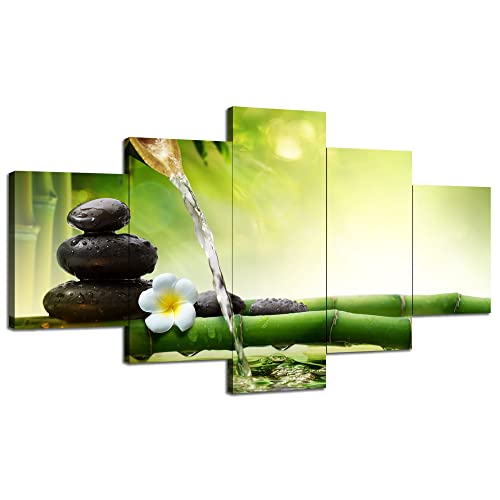 Zen Basalt Stones and Bamboo Wall Art Yoga Spa Canvas Printed Wall Decor Green Picture Poster Painting Framed for Office Living Room Bathroom Decoration 5 Panels Ready to Hang(60''Wx32''H)