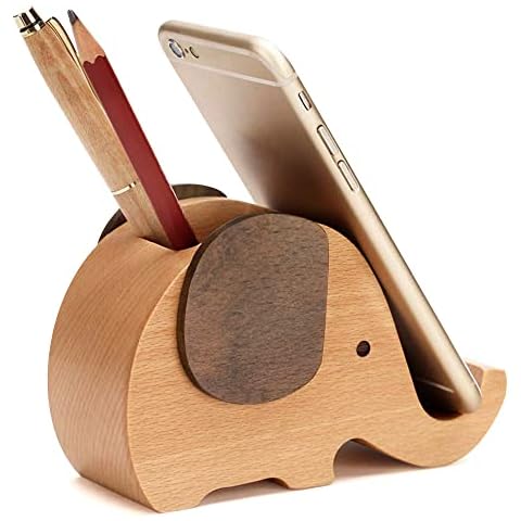 HyFanStr Valentine's Day Gifts for Women, Wooden Phone Stand Elephant Gifts for Women Men, Unique Pen Pot Stationary Pencil Pen Holder Presents for Birthday Fathers Mother Day Valentine's Day Cover