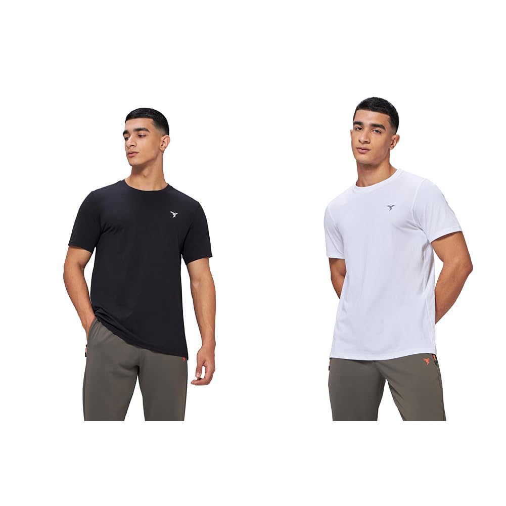 TECHNOSPORTMen's Crew Neck Cotflex Half Sleeve Solid T-Shirt - (MTOR30BLKXLR_Black_XL) Pack of 1 Men's Crew Neck Cotflex Half Sleeve Solid T-Shirt - (MTOR30WHTXLR_White_XL) Pack of 1