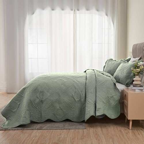Image of Kingnex Oversized King Bedspreads 128x120 for Extra Wide Tall King or Cal King Bed Ultrasonic Quilted Coverlet Set 3 Piece Include 1 Quilt 2 Pillowcases Sage