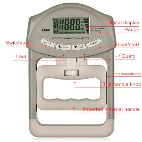 Digitaler Handkraftmessgerät, 90kg / 200lbs grau Hand Dynamometer mit 19 Sets Einzelplatten, Intelligent und einfühlsam Grip Strength Trainer Elektronische Griffkraft Messgerät Großer LED-Bildschirm