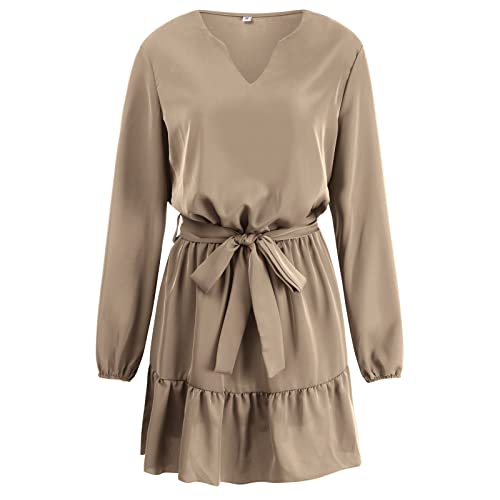 Allasfun Vestido feminino moderno casual sólido feminino manga longa gola V vestido de gravata, Caqu