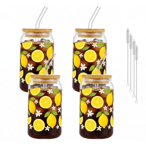 Culudea Glass Cups with Lids and Straws, 4Pack, 16oz, Summer by Culudea - Used condition - US$18.99