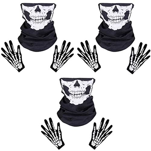 3 Set Halloween Gants Squelette Blanc et Masque de Crâne Os Fantômes pour Soirée Costumée Halloween d’Adulte Cover
