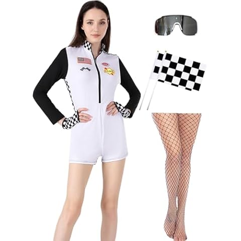 Onancehim Speed Sexy Race Car Driver Halloween Costume Woman, 6 Pcs Racecar Costume Women Long Sleeves Jumpsuit Plaid Racer Car Outfit Set for Halloween Cosplay Party(Women,L,White) Cover