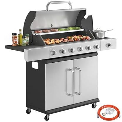 Foto di Outsunny Barbecue a Gas con 6+1 Bruciatori da 18.6 KW, BBQ a Gas Propano Portatile con Griglia, Ripiani, Coperchio, Termometro, Ruote, per Giardino Esterno, Nero Argento