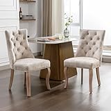LINKHOO Stuhl mit 4 Beinen, 2 Stück, Velours, hohe Rückenlehne, mit Knöpfen, Gestell aus Massivholz, Hellbeige