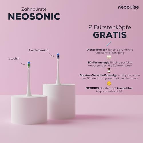 Neosonic® – Elektrische Schallzahnbürste, Laufzeit 3 Monate – 15 Modi – wiederaufladbar USB-C – Timer 2 Minuten – 2 Köpfe enthalten – 2 Jahre Garantie – Schallbürste, Rosa NEOPULSE – Bild 4