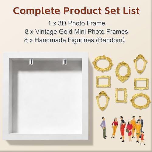 DIY Mini Museum Silhouette Box, Mini Menschen Figuren Museum, Minis Museums Bilderrahmen Mit Beleuchtung, Kreatives Bilderrahmenn mit Golden Rahmen & 8 Figuren Für Jahrestag Oder Hochzeit(Weiß)