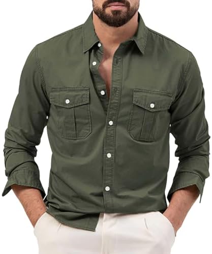 Mens Long Sleeve Safari Shirts Casual Loose Tactical Cargo Work S...