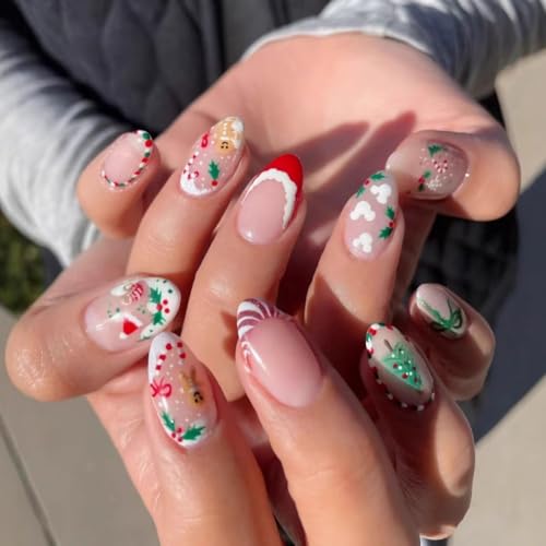 30Pcs Christmas Press on Nails Almond Fake Nails French Tip False Nails with Christmas Tree Candy Designs Winter Xmas Acrylic Nails Glossy Medium Glue on Nail for Women Manicure