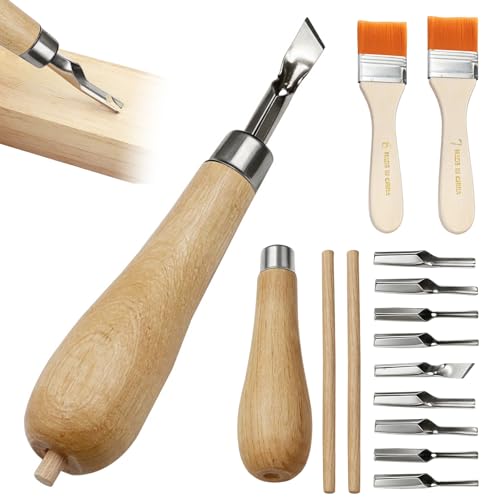 SNSYGN 2 Set Lino Cutting Tools, Wood Handle Lino Printing Kit with 2 Cleaning Brush, Linoleum Cutter Tools for Printmaking Wood Carving Sculpture and Handicrafts Projects