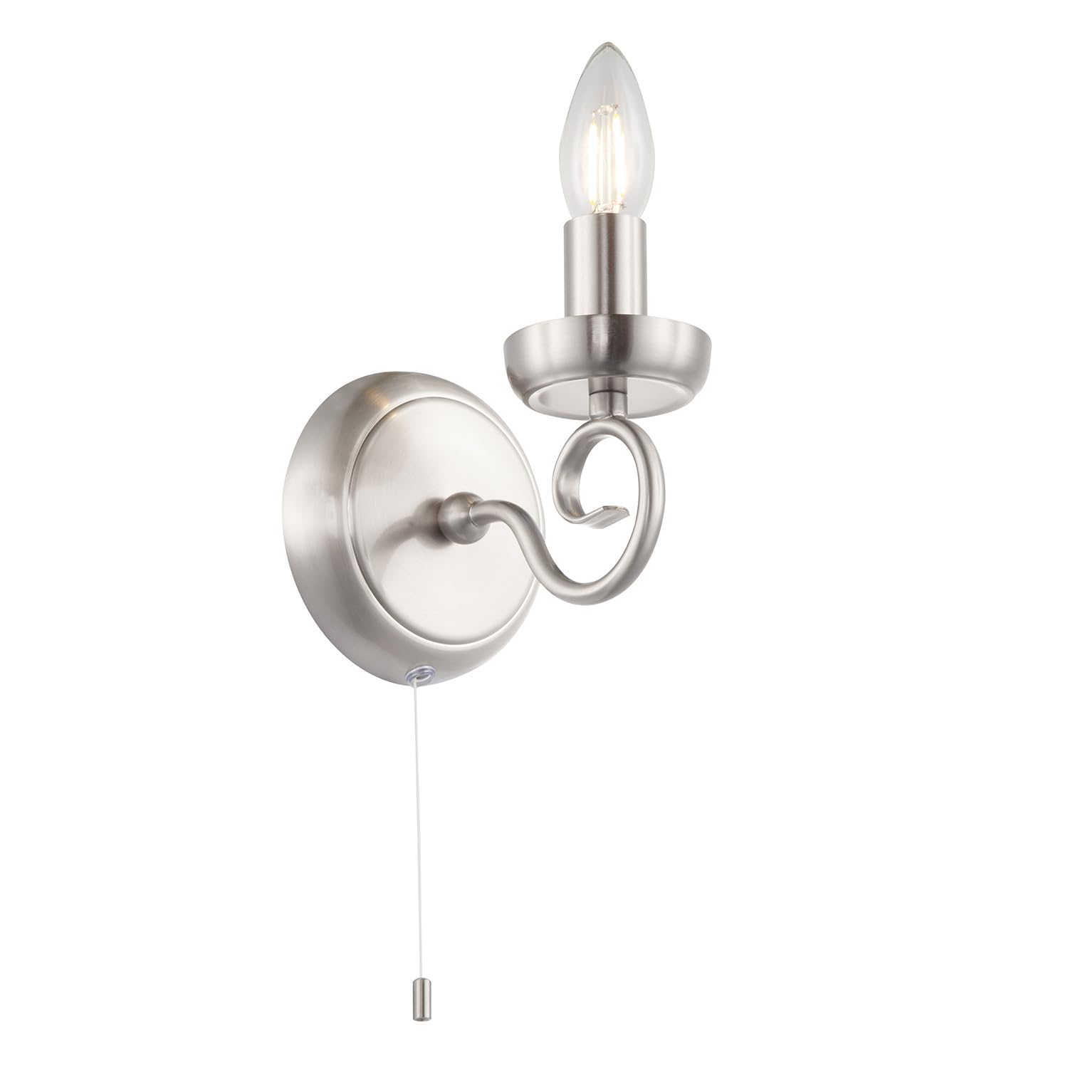 Traditional Satin Nickel Wall Light with Scroll Arm and Pull Switch by Happy ...
