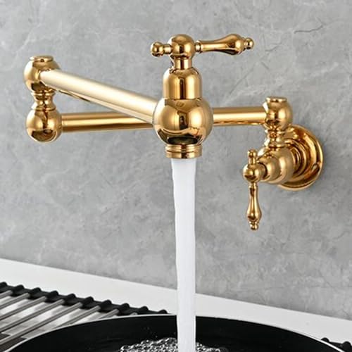 Robinet de cuisine mural pliable orientable laiton doré eau froide évier