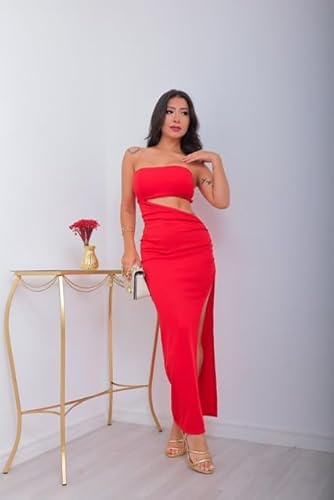 Vestido longo colado com fenda tomara que caia abertura lateral elegante festas Colors Vermelho