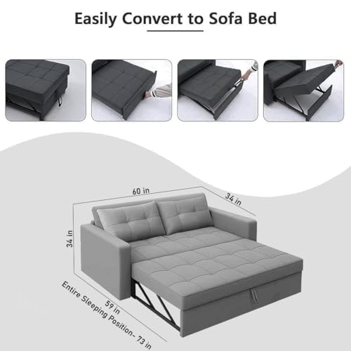 Image of CASASTYLE Trissa 2 Seater Pull-Out Premium Fabric Sofa Cum Bed Sofa Set for Living Room (Light Grey Fabric