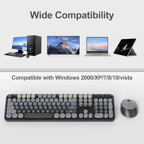 Image of Fogruaden Black Keyboard and Mouse Wireless, Retro Typewriter Keyboard, 2.4GHz 104 Keys Full Size Cute Keyboard with Number Pad, Gradient Colorful Round Keycaps for Windows PC Desktops Laptop
