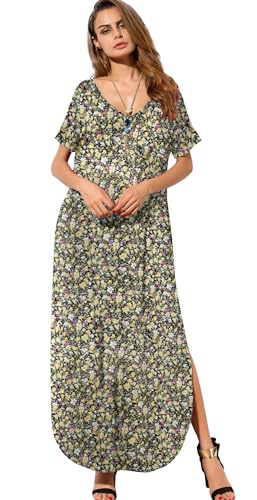 Image of GRECERELLE Women's Summer Maxi Dress Casual Loose V Neck Short Sleeve Side Split Long Dresses with Functional Pockets