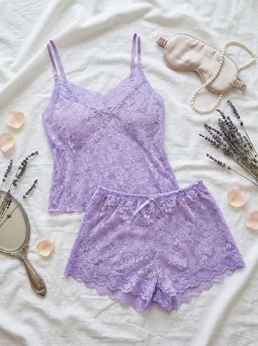 Image of Avidlove Sexy Pajama Set for Women Floral Lace Lingerie Set Sheer Sleepwear See Through Cami Shorts 2 Piece
