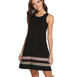 ROMWE Women's Summer Boho Sleeveless Embroidered Hem Cotton Loose Casual Tank Dress Black L