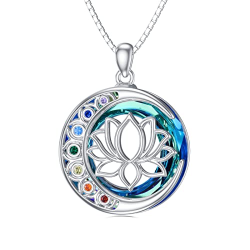 enjoylifecreative Chakra Lotus Necklace with Crystal 925 Sterling Silver Yoga Lotus Flower Necklace Chakra Jewellery GIfts for Women Girls
