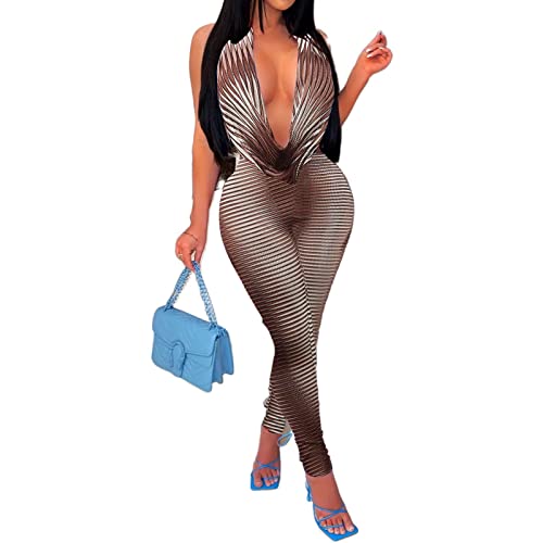 Womens Sexy Lace Jumpsuit See Through Backless Mesh Long Sleeve Romper Clubwear Brown L #TOP27