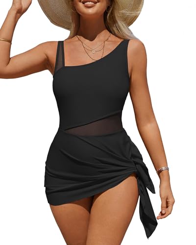 Azonee Womens One Piece Swimdress Swimsuit Tummy Control Side Tie Knot Swim Dresses Hollow Out Bathing Suit with Skirt Built-in Briefs (L)