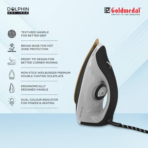 Image of Goldmedal Dolphin 1100W Dry Iron| Non-stick Weilburger Premium Coated Soleplate | iron for clothes | 5 Fabric Setting| Broad Base for Hot zone Protection | Shock-Proof Body (Cool Grey- Black)