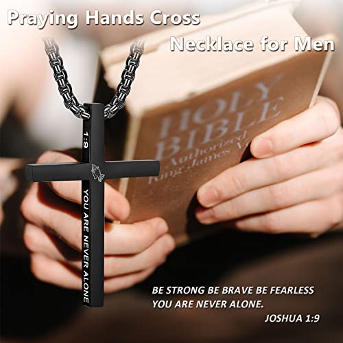 Cross Necklace For Men Praying Hands Cross Pendant Stainless Steel Cross Chain 24Inch Engraved Inspirational Bible Verse Jewelry Philippians 4:13 I Can Do All Things Christian Gift For Boys Dad（Black-1：9） #TOP4