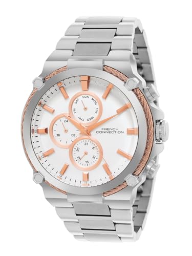 Image of French Connection Astro Multifunction White Round Dial Stainless Steel Strap | Casual | Premium | See Through Feature | Sunray Feature Wrist Watch for Men - FCH18SM