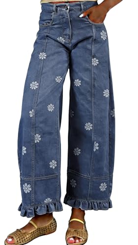 utcoco Barrel Jeans Women 2026 Floral Print Wide Leg Jeans Y2k Patchwork Baggy Boyfriend Denim Pants (Small, Dark Blue Floral)