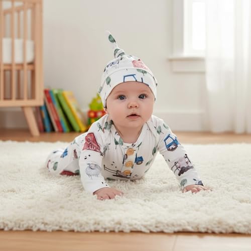 Image of AMAWMW Newborn Baby Boys Girls Cartoon Sleeper Gown Long Sleeve Mountain Nightgown Hat Outfits
