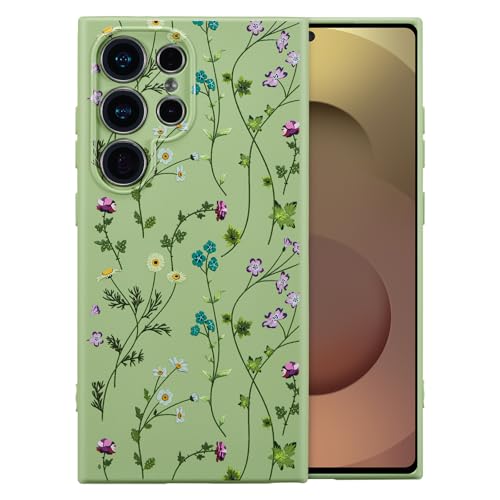 RALEAVO Fleurs Coque pour Samsung Galaxy S24 Ultra, Étui en Silicone Liquide Anti-Chocs Coque Mignonne Fleur Housse Protection Bumper Cover Etui Souple pour Samsung S24 Ultra 5G, Vert/Tige
